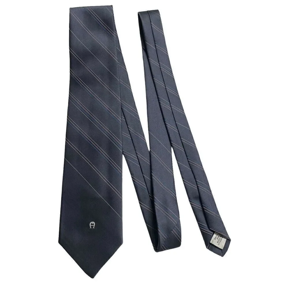 Vintage Etienne Aigner Necktie Mens Tie Silk Gray Striped Office Preppy